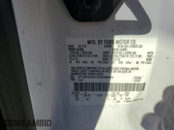 2014 Ford F-250 XL z VIN 1FTBF2A6XEEB46986, wystawiony jako Copart lot #77383044 z przebiegiem 54 890 mil mil oraz Szkoda całkowita • Salvage title. Historia ofert i sprzedaży dostępna na DreamBid. Obrazek 12.