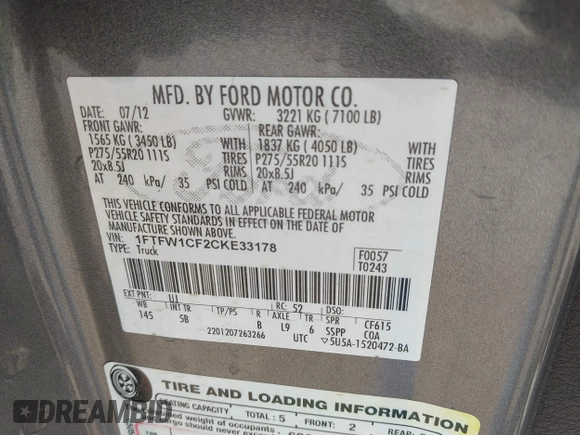 2012 Ford F-150 XL with VIN 1FTFW1CF2CKE33178, listed as a IAAI auction lot 41699556 with 200,139 mi miles. Bid and sale history available at carsss.com. Image 9.