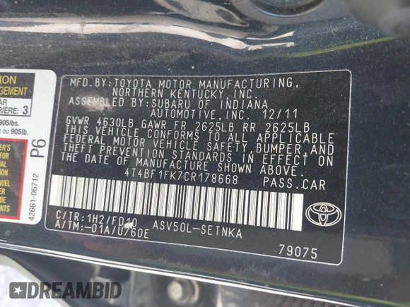 2012 Toyota Camry L with VIN 4T4BF1FK7CR178668, listed as a IAAI auction lot 41847260 with 176,445 mi miles. Bid and sale history available at carsss.com. Image 9.
