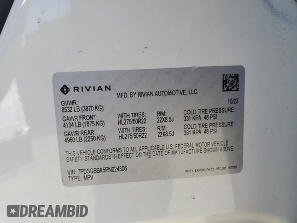 2023 Rivian R1S Adventure z VIN 7PDSGBBA5PN024306, wystawiony jako Copart lot #53980375 z przebiegiem 10 389 mil mil oraz Szkoda całkowita • Salvage title. Historia ofert i sprzedaży dostępna na DreamBid. Obrazek 14.