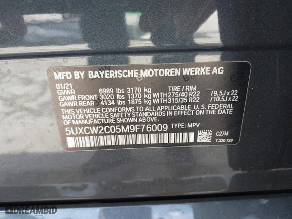 2021 BMW X7 xDrive40i with VIN 5UXCW2C05M9F76009, listed as a IAAI auction lot 41681992 with 48,565 mi miles. Bid and sale history available at carsss.com. Image 9.