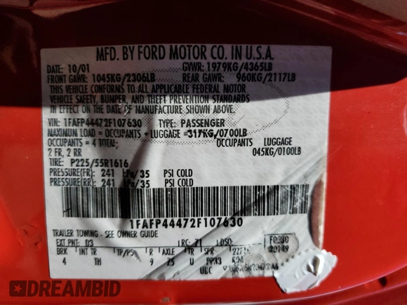 2002 Ford Mustang Deluxe z VIN 1FAFP44472F107630, wystawiony jako Copart lot #56256865 z przebiegiem 214 457 mil mil oraz Szkoda całkowita • Salvage title. Historia ofert i sprzedaży dostępna na DreamBid. Obrazek 12.