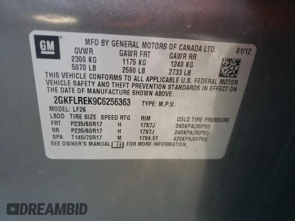 2012 GMC Terrain SLE-1 with VIN 2GKFLREK9C6256363, listed as a Copart auction lot 50409215 with 169,724 mi miles and Salvage Title. Bid and sale history available at DreamBid. Image 12.