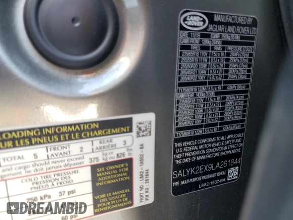 2020 Land Rover Range Rover Velar R-Dynamic S with VIN SALYK2EX9LA261844, listed as a Copart auction lot 57172065 with 43,781 mi miles and Salvage title. Bid and sale history available at DreamBid. Image 13.