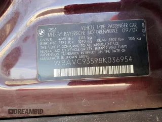 2008 BMW 3 Series 328xi z VIN WBAVC93598K036954, wystawiony jako Copart lot #80918674 z przebiegiem Nie podano mil oraz Nie do naprawy • Non repairable. Historia ofert i sprzedaży dostępna na DreamBid. Obrazek 12.