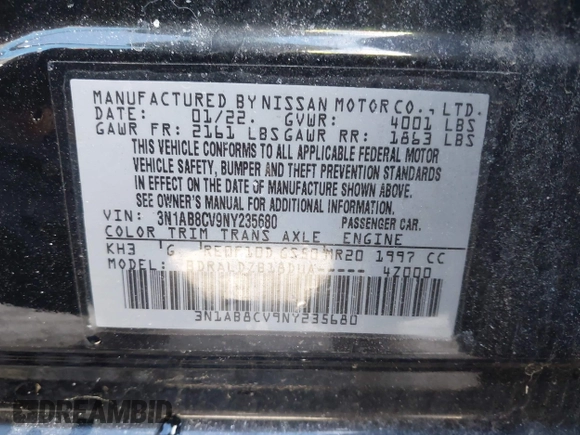 2022 Nissan Sentra SV with VIN 3N1AB8CV9NY235680, listed as a IAAI auction lot 41523366 with 27,277 mi miles and . Bid and sale history available at DreamBid. Image 9.