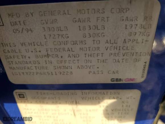 1994 Chevrolet Corvette with VIN 1G1YY22P6R5119228, listed as a Copart auction lot 45116275 with 0 mi miles and Salvage Title. Bid and sale history available at carsss.com. Image 14.