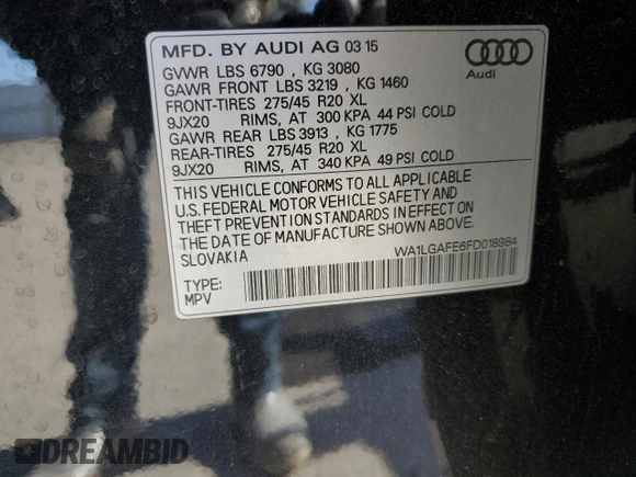 2015 Audi Q7 Premium Plus с VIN WA1LGAFE6FD018984, выставлен на аукционе Copart как лот 48009615 с пробегом 126 636 миль миль и Списание • Salvage title. История ставок и продаж доступна на DreamBid. Изображение 15.