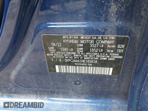 2022 Hyundai Accent SE z VIN 3KPC24A61NE185658, wystawiony jako IAAI lot #42278607 z przebiegiem 5 596 mil mil oraz . Historia ofert i sprzedaży dostępna na DreamBid. Obrazek 9.