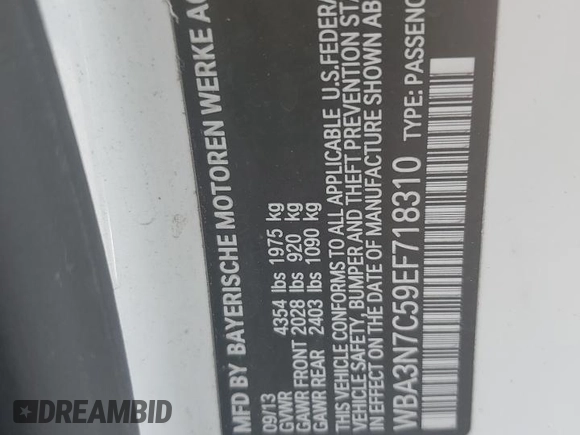2014 BMW 4 Series 428i with VIN WBA3N7C59EF718310, listed as a Copart auction lot 53850285 with 198,306 mi miles and Salvage title. Bid and sale history available at DreamBid. Image 12.