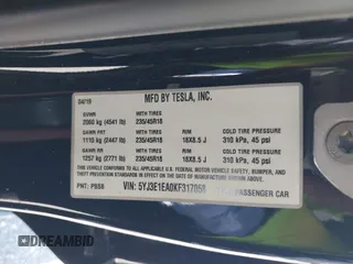 2019 Tesla Model 3 Mid Range with VIN 5YJ3E1EA0KF317058, listed as a IAAI auction lot 42025195 with 108,771 mi miles. Bid and sale history available at carsss.com. Image 9.