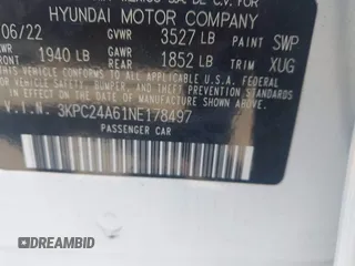 2022 Hyundai Accent SE with VIN 3KPC24A61NE178497, listed as a IAAI auction lot 41814752 with 21,267 mi miles. Bid and sale history available at carsss.com. Image 9.