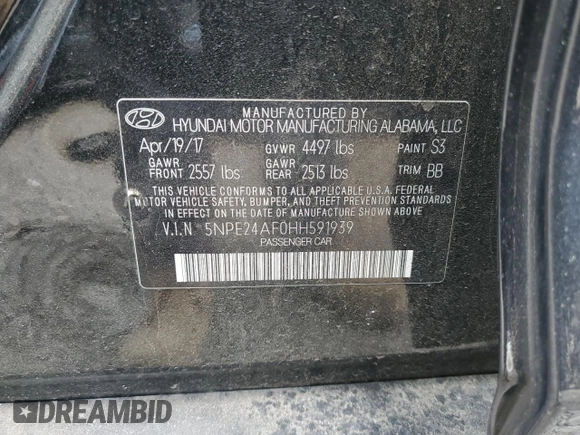 2017 Hyundai Sonata 2.4L with VIN 5NPE24AF0HH591939, listed as a Copart auction lot 54394845 with 102,721 mi miles and Clean Title. Bid and sale history available at carsss.com. Image 13.