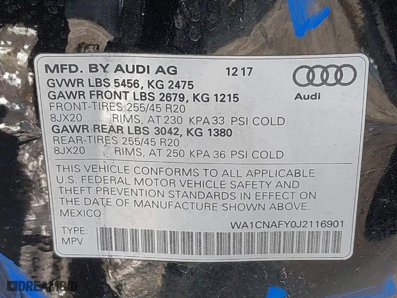 2018 Audi Q5 Prestige with VIN WA1CNAFY0J2116901, listed as a IAAI auction lot 41655193 with 34,959 mi miles. Bid and sale history available at carsss.com. Image 9.