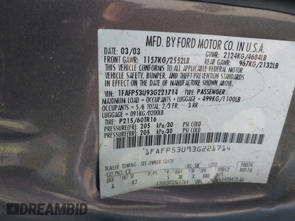 2003 Ford Taurus SE Standard with VIN 1FAFP53U93G221714, listed as a IAAI auction lot 42636704 with 150,804 mi miles and . Bid and sale history available at DreamBid. Image 9.