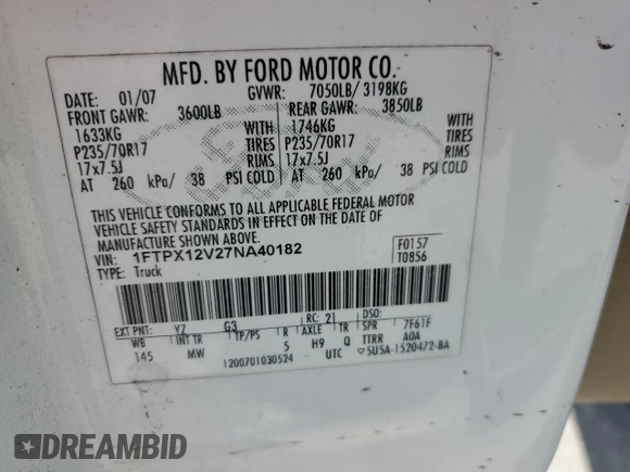 2007 Ford F-150 XL with VIN 1FTPX12V27NA40182, listed as a Copart auction lot 63041395 with 218,024 mi miles and Non repairable. Bid and sale history available at DreamBid. Image 13.