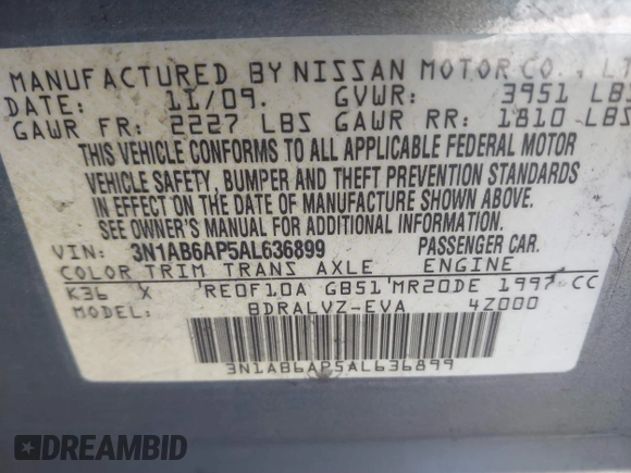 2010 Nissan Sentra SR with VIN 3N1AB6AP5AL636899, listed as a IAAI auction lot 41313540 with 166,019 mi miles and . Bid and sale history available at DreamBid. Image 9.