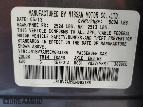 2014 Infiniti Q50 Premium with VIN JN1BV7AR5EM683185, listed as a Copart auction lot 53796975 with 149,277 mi miles and Salvage Title. Bid and sale history available at DreamBid. Image 12.