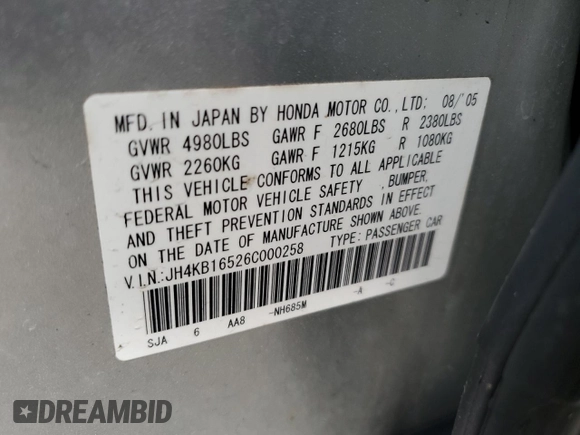 2006 Acura RL with VIN JH4KB16526C000258, listed as a Copart auction lot 50837075 with 129,833 mi miles and Salvage Title. Bid and sale history available at DreamBid. Image 14.