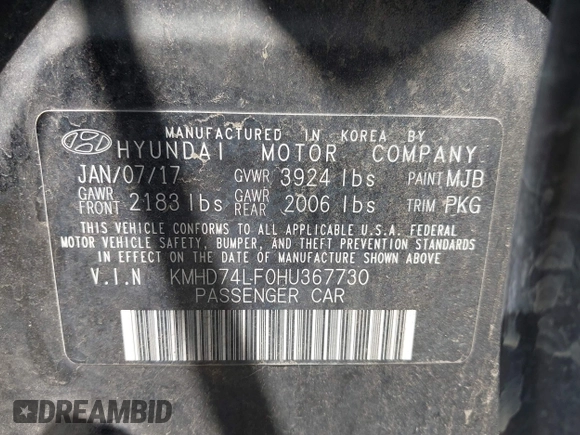 2017 Hyundai Elantra SE with VIN KMHD74LF0HU367730, listed as a IAAI auction lot 42549688 with 160,178 mi miles and . Bid and sale history available at DreamBid. Image 9.