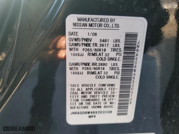 2006 Infiniti FX35 with VIN JNRAS08W46X203108, listed as a Copart auction lot 46704545 with 150,293 mi miles and Salvage Title. Bid and sale history available at carsss.com. Image 13.
