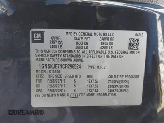2012 Chevrolet Suburban LT with VIN 1GNSKJE71CR296524, listed as a IAAI auction lot 41394741 with 173,623 mi miles. Bid and sale history available at carsss.com. Image 9.