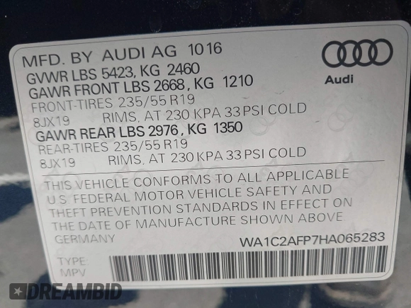 2017 Audi Q5 Premium with VIN WA1C2AFP7HA065283, listed as a IAAI auction lot 42587902 with 69,436 mi miles and . Bid and sale history available at DreamBid. Image 9.