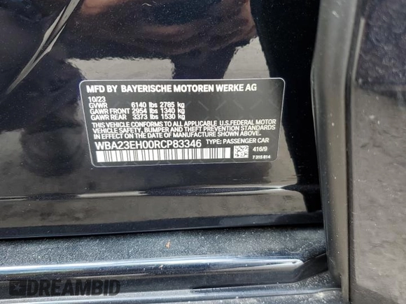 2024 BMW 7 Series 740i z VIN WBA23EH00RCP83346, wystawiony jako Copart lot #74360314 z przebiegiem Nie podano mil oraz Nie do naprawy • Non repairable. Historia ofert i sprzedaży dostępna na DreamBid. Obrazek 13.