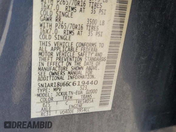 2006 Nissan Pathfinder SE z VIN 5N1AR18U66C619440, wystawiony jako Copart lot #59337215 z przebiegiem Nie podano mil oraz Szkoda całkowita • Salvage title. Historia ofert i sprzedaży dostępna na DreamBid. Obrazek 12.