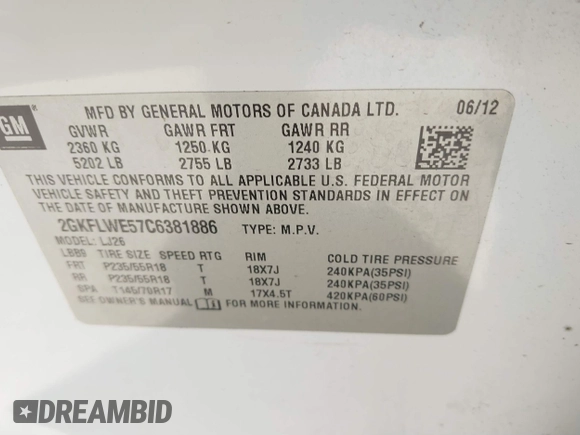 2012 GMC Terrain SLT-2 with VIN 2GKFLWE57C6381886, listed as a IAAI auction lot 41739118 with 211,147 mi miles. Bid and sale history available at carsss.com. Image 9.