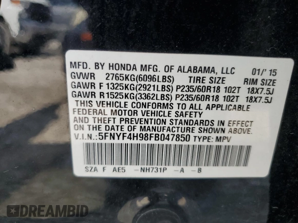 2015 Honda Pilot Touring with VIN 5FNYF4H98FB047850, listed as a Copart auction lot 51388495 with 112,654 mi miles and Salvage Title. Bid and sale history available at carsss.com. Image 13.