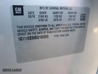 2016 Chevrolet Impala LT with VIN 1G1115S35GU160263, listed as a Copart auction lot 88106065 with 69,842 mi miles and Salvage Title. Bid and sale history available at carsss.com. Image 15.