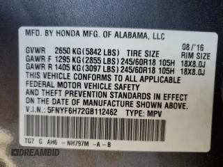 2016 Honda Pilot EX-L with VIN 5FNYF6H72GB112462, listed as a Copart auction lot 86538614 with 92,626 mi miles and Salvage Title. Bid and sale history available at carsss.com. Image 13.