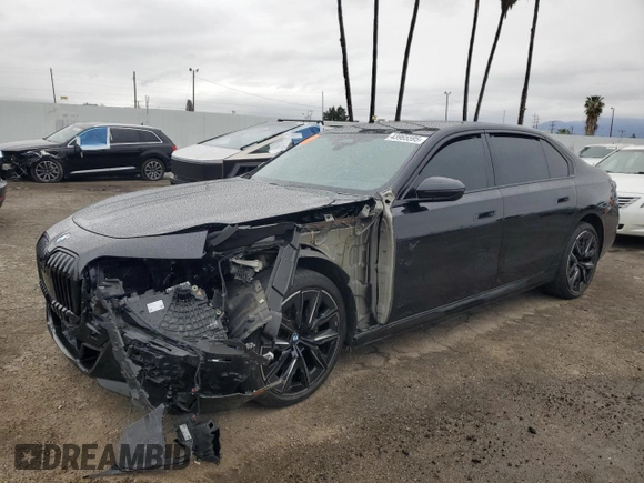 2023 BMW 7 Series 740i with VIN WBA23EH06PCM18585, listed as a Copart auction lot 43965595 with 0 mi miles and Salvage Title. Bid and sale history available at carsss.com. Image 1.