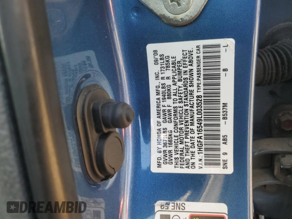 2009 Honda Civic LX z VIN 1HGFA16549L003528, wystawiony jako Copart lot #52545865 z przebiegiem 162 572 mil mil oraz Szkoda całkowita • Salvage title. Historia ofert i sprzedaży dostępna na DreamBid. Obrazek 15.