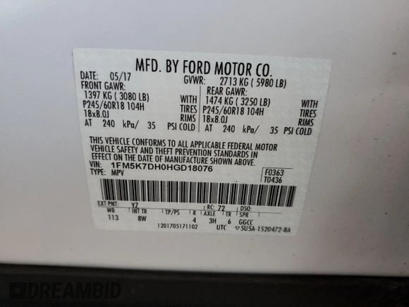 2017 Ford Explorer XLT с VIN 1FM5K7DH0HGD18076, выставлен на аукционе Copart как лот 62330935 с пробегом 72 307 миль миль и Списание • Salvage title. История ставок и продаж доступна на DreamBid. Изображение 14.