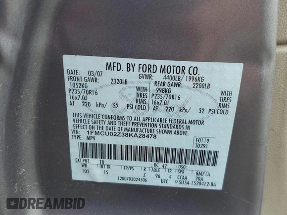 2008 Ford Escape XLS with VIN 1FMCU02Z38KA28478, listed as a Copart auction lot 62279955 with 166,124 mi miles and Salvage title. Bid and sale history available at DreamBid. Image 13.