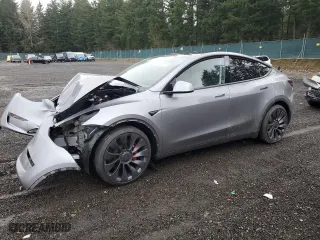 2025 Tesla Model Y Performance with VIN 7SAYGDEF2SF232223, listed as a Copart auction lot 50419235 with 0 mi miles and Salvage Title. Bid and sale history available at carsss.com. Image 1.