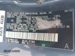 2013 Toyota Sienna XLE with VIN 5TDDK3DC1DS062849, listed as a IAAI auction lot 41510296 with 100,178 mi miles and . Bid and sale history available at DreamBid. Image 9.