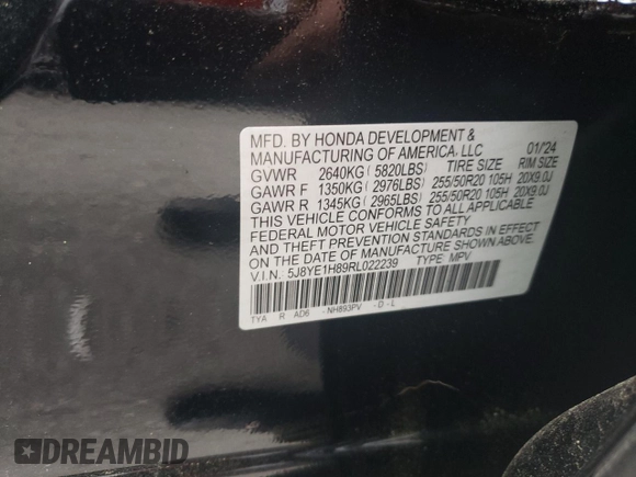 2024 Acura MDX Advance with VIN 5J8YE1H89RL022239, listed as a Copart auction lot 65220594 with Not provided miles and Non repairable. Bid and sale history available at DreamBid. Image 12.