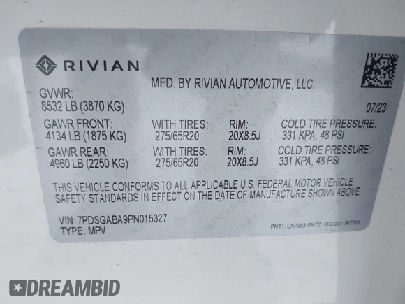 2023 Rivian R1S Adventure z VIN 7PDSGABA9PN015327, wystawiony jako IAAI lot #41484133 z przebiegiem Nie podano mil oraz . Historia ofert i sprzedaży dostępna na DreamBid. Obrazek 9.