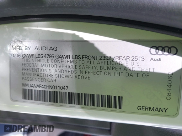 2017 Audi A4 Premium z VIN WAUANAF40HN011047, wystawiony jako IAAI lot #41824638 z przebiegiem 107 802 mil mil oraz . Historia ofert i sprzedaży dostępna na DreamBid. Obrazek 9.