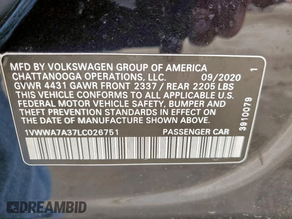 2020 Volkswagen Passat SE with VIN 1VWWA7A37LC026751, listed as a Copart auction lot 50214295 with 72,700 mi miles and Clean title. Bid and sale history available at DreamBid. Image 12.