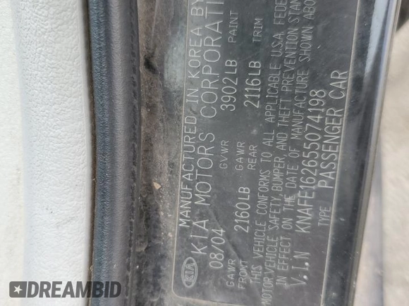 2005 Kia Spectra with VIN KNAFE162655074198, listed as a Copart auction lot 71015104 with 200,819 mi miles and Salvage Title. Bid and sale history available at DreamBid. Image 13.