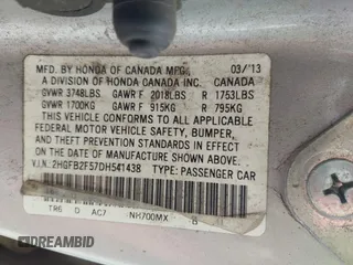 2013 Honda Civic LX with VIN 2HGFB2F57DH541438, listed as a IAAI auction lot 42442852 with Not provided miles and . Bid and sale history available at DreamBid. Image 9.