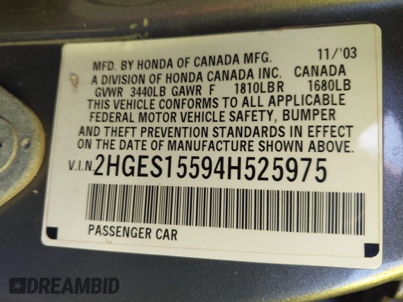 2004 Honda Civic LX with VIN 2HGES15594H525975, listed as a IAAI auction lot 41266024 with 241,598 mi miles. Bid and sale history available at carsss.com. Image 9.