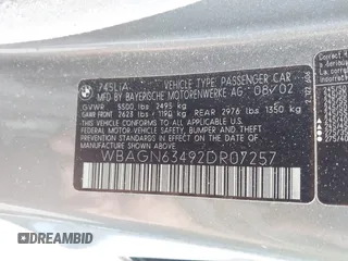 2002 BMW 7 Series 745Li с VIN WBAGN63492DR07257, выставлен на аукционе IAAI как лот 42110565 с пробегом Не указан миль и . История ставок и продаж доступна на DreamBid. Изображение 9.