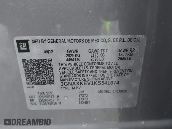 2019 Chevrolet Equinox LT with VIN 3GNAXKEV1KS541674, listed as a IAAI auction lot 41967731 with 70,127 mi miles and . Bid and sale history available at DreamBid. Image 9.