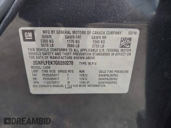 2016 Chevrolet Equinox LT with VIN 2GNFLFEK7G6280278, listed as a IAAI auction lot 42013403 with 94,178 mi miles. Bid and sale history available at carsss.com. Image 9.