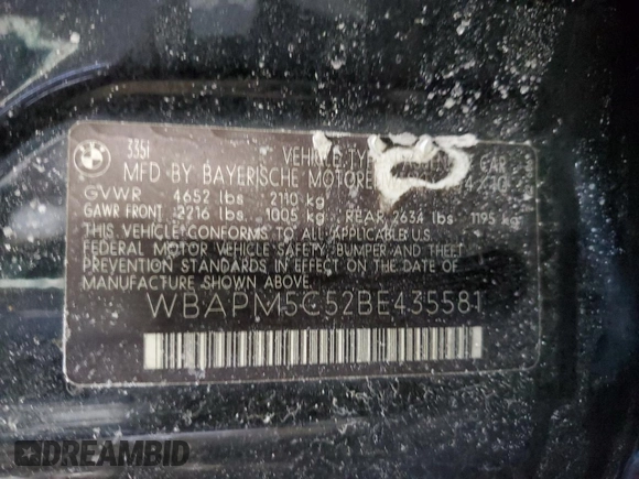 2011 BMW 3 Series 335i with VIN WBAPM5C52BE435581, listed as a Copart auction lot 43613475 with 125,322 mi miles and Salvage Title. Bid and sale history available at carsss.com. Image 12.